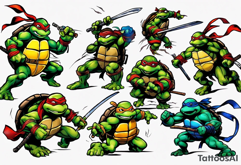 all four teenage mutant ninja turtles fighting enemies in a cityscape tattoo idea