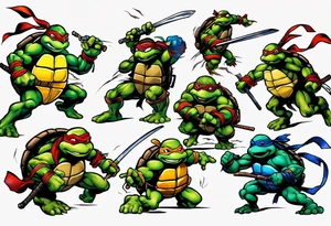 all four teenage mutant ninja turtles fighting enemies in a cityscape tattoo idea