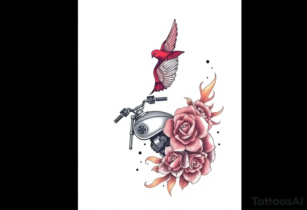Motorcycle, red bird flying, roses and lace, flames tattoo idea