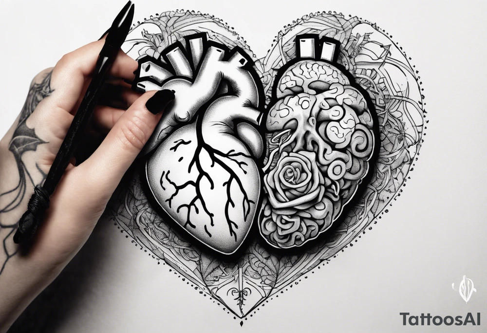Heart and brain in line art, held down by a woman's hand holding them by string tattoo idea