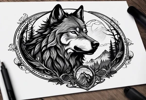 Halbes Gesicht eines Wolfes
Im Hintergrund Wald und Berge
Fenrir tattoo idea