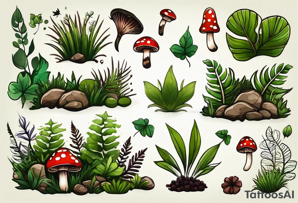 minimalistic forest floor inspired tattoo, which includes grass, moss, curly ferns and dead leaves as the bulk of the tattoo. details to include: forest berries, couple of very small brown mushrooms, a tiny bumblebee flying nearby tattoo idea