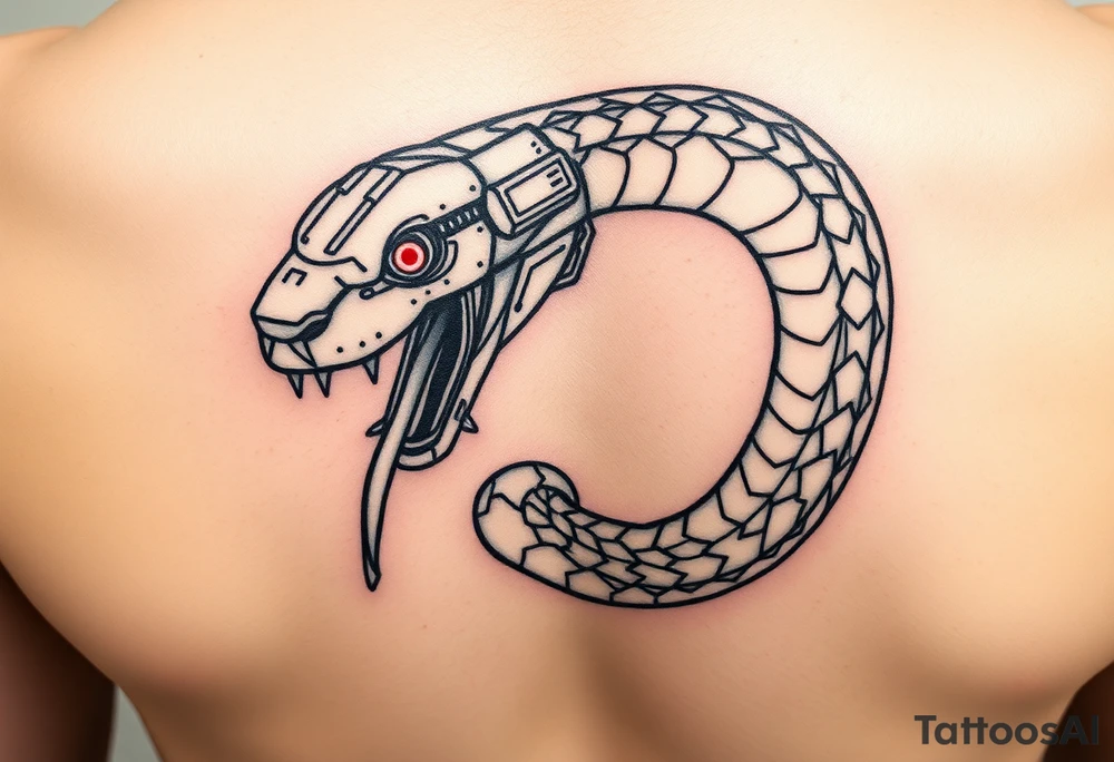 A Cybernetic Snake Biting Its Own Tail (Ouroboros Style)
The classic ouroboros but partially robotic, its fangs dripping neon coolant.
Could be wrapped around a futuristic engine or a broken motherboard.
Eyes flickering between red error codes and reptilian slits. tattoo idea
