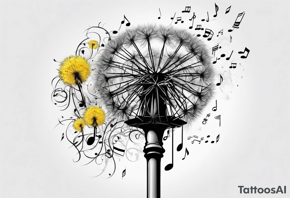 Dandelion puff breaking off into music notes tattoo idea