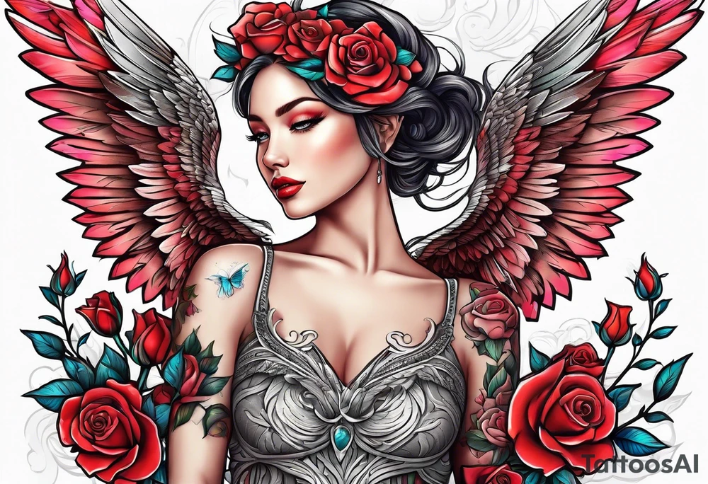 Beautiful woman angle with wings standing from head to toe imagine surrounded by roses tattoo idea