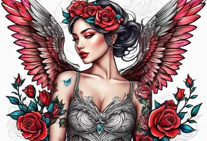 Beautiful woman angle with wings standing from head to toe imagine surrounded by roses tattoo idea