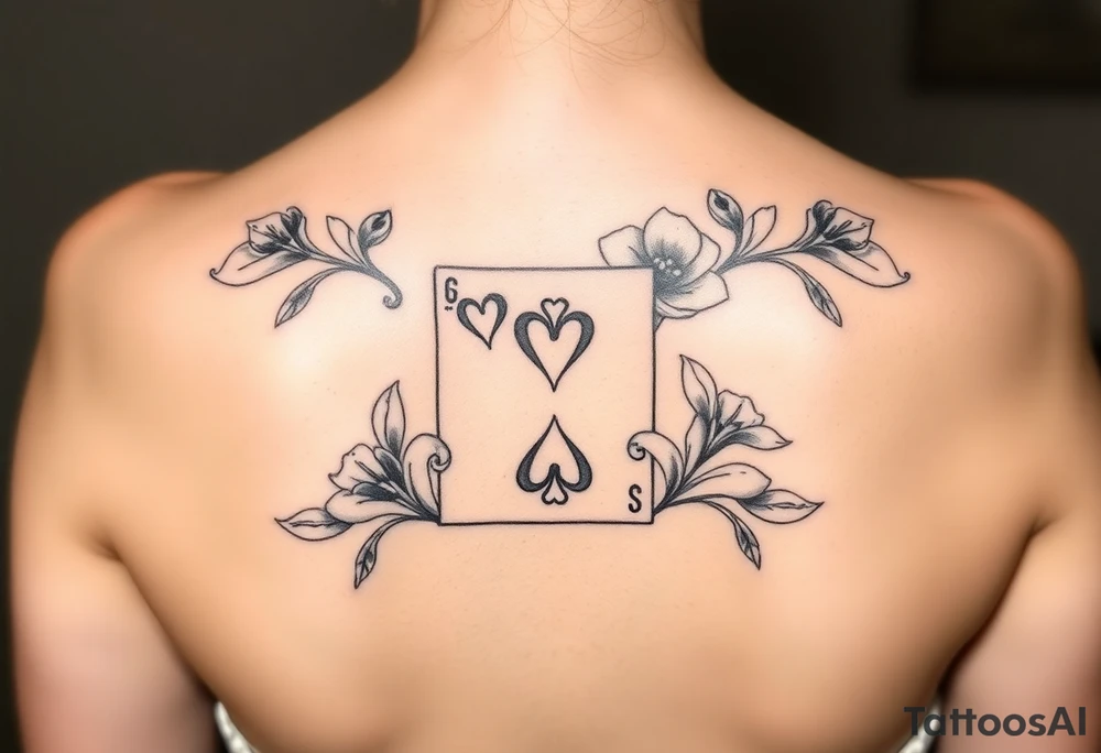 6 of hearts card with fleur de lis as the hearts and magnolias in the background tattoo idea