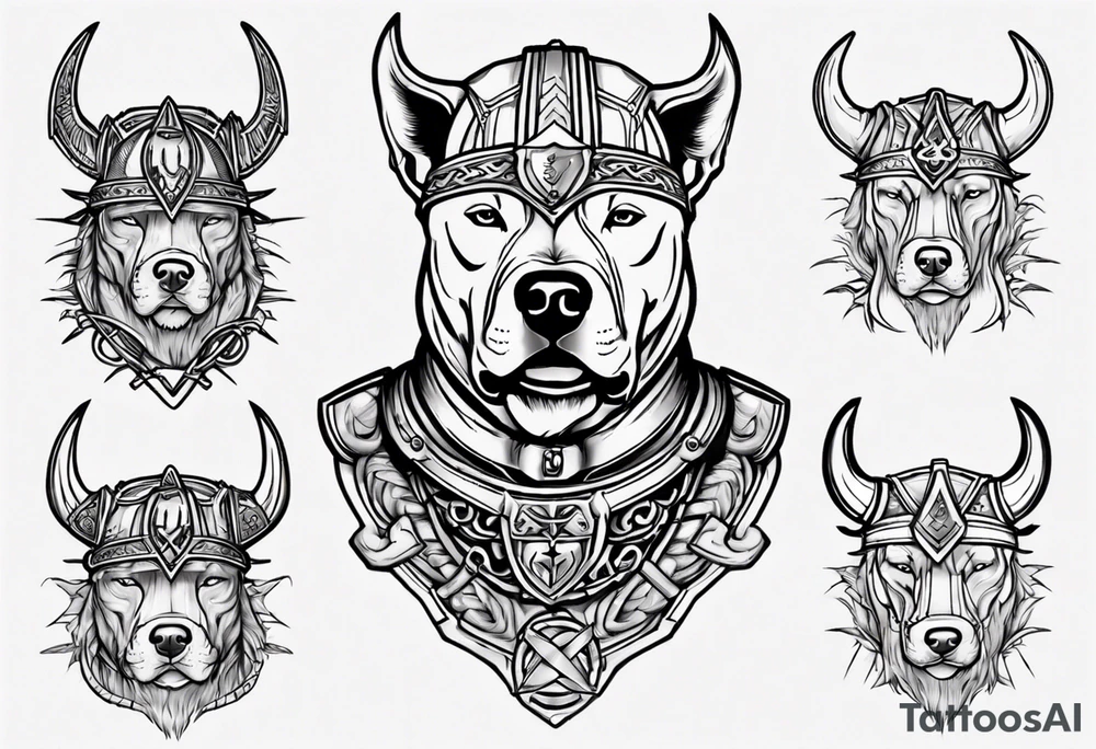 Pitbull wearing a viking helmet tattoo idea