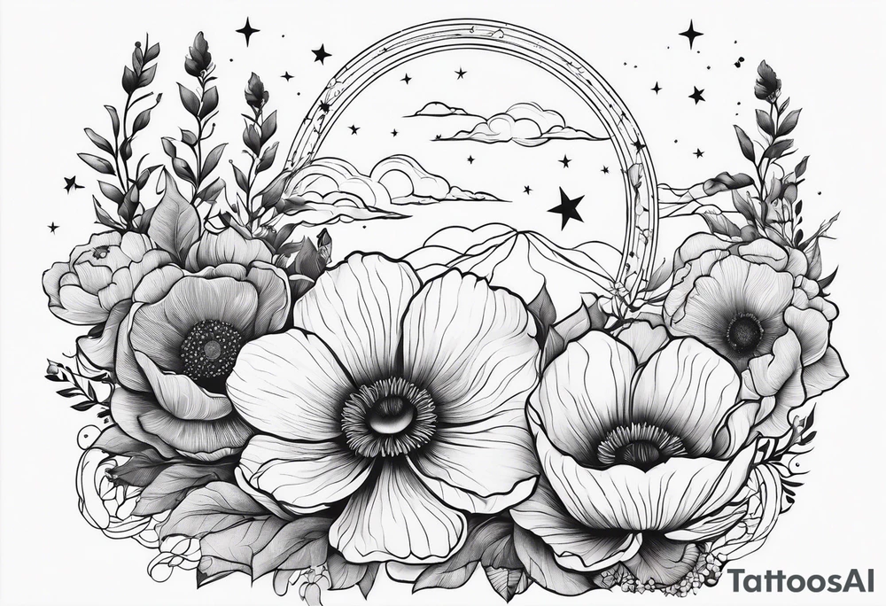 fine line spine tattoo with stars, moon, clouds, poppy tattoo idea