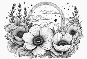 fine line spine tattoo with stars, moon, clouds, poppy tattoo idea