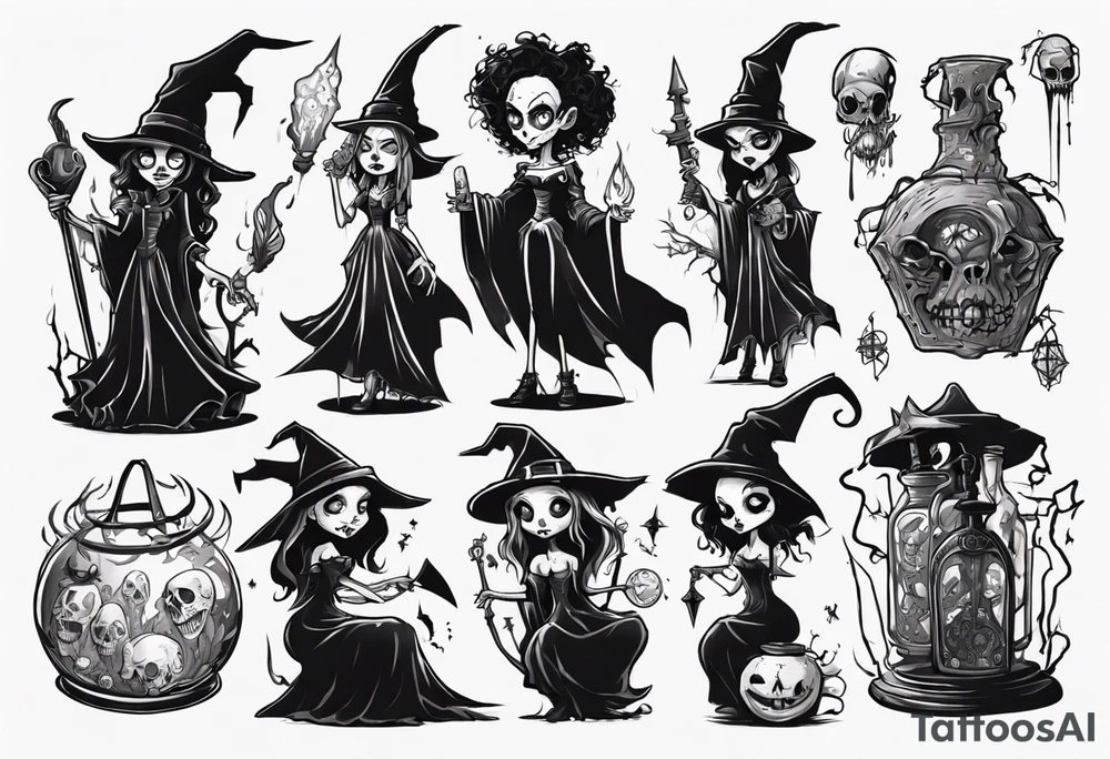 a Tim Burton-style witch necromancer rpg tattoo idea