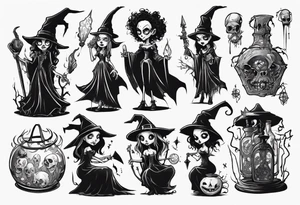a Tim Burton-style witch necromancer rpg tattoo idea