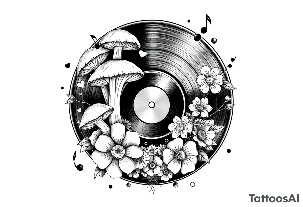 vinyl record with mushrooms, flowers, hearts, and music notes tattoo idea