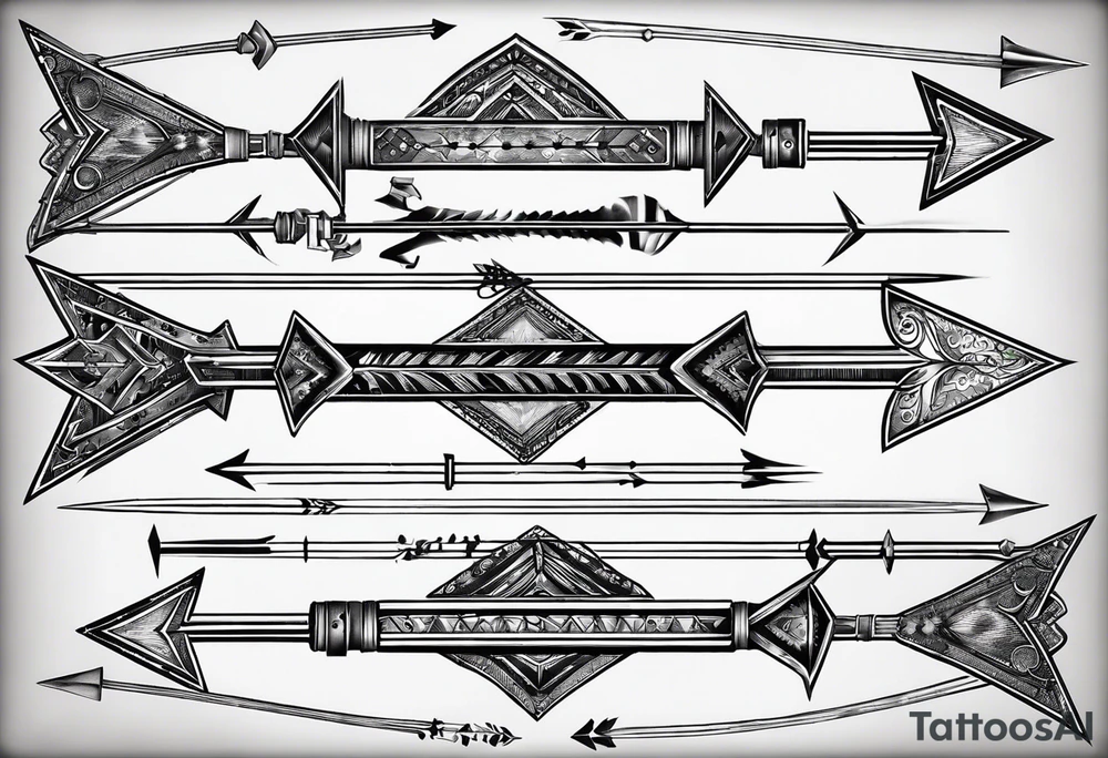 three parallel arrows. the first arrow broken near the flight. the second middle arrow in tact. the third arrow broken near the head. including the morse code for JAK in the design. tattoo idea