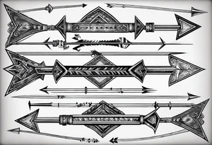 three parallel arrows. the first arrow broken near the flight. the second middle arrow in tact. the third arrow broken near the head. including the morse code for JAK in the design. tattoo idea
