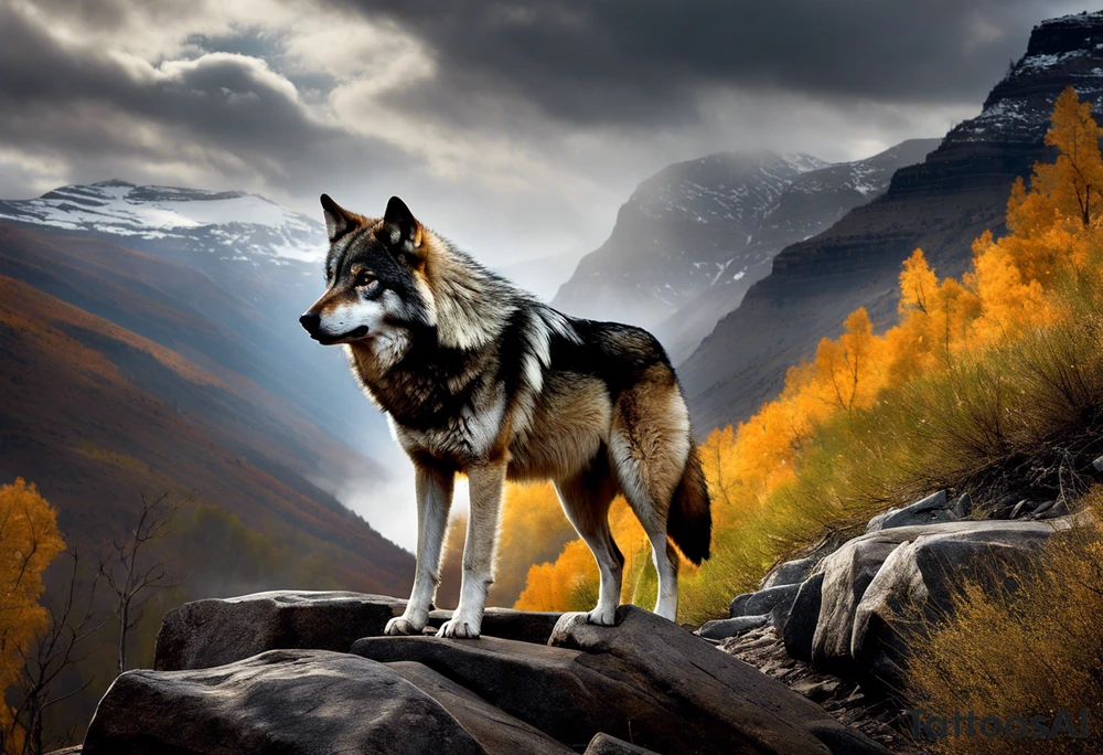 solitary wolf navigating through a rugged, detailed terrain, with each element meticulously shaded to capture the essence of life's struggles. The wolf's intense gaze conveys determination and resilience, while the landscape around it mirrors the challenges faced – rocky cliffs, turbulent rivers, and stormy skies. Subtle touches of color add depth and dimension, enhancing the realism of the design. Alongside the wolf, the phrase "Strength in Adversity" is delicately scripted, tying together the theme of overcoming life's battles with authenticity and grace. tattoo idea
