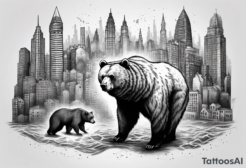 Serious bear coming up behind a city tattoo idea