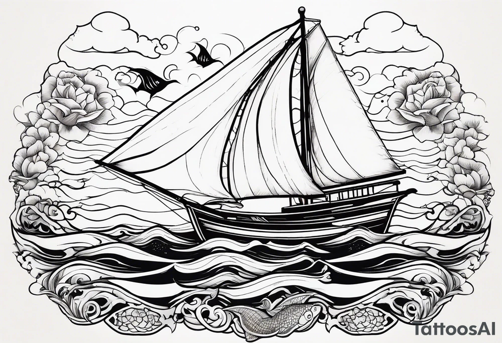 sailboat with pacific sheepshead and bat ray below the water line tattoo idea