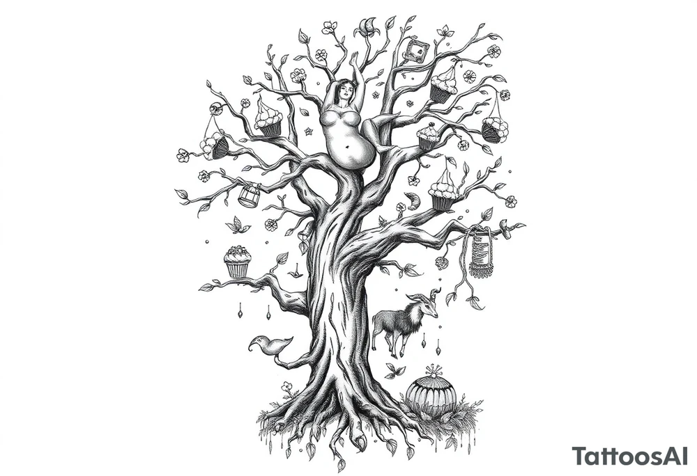 mystical tree  with cosmic  branches fat naked sexy woman , peacock , pig , cupcakes, sins,  Storm clouds, pig, peacock , fat sexy naked fat woman, cake, clouds, noose , money, goat lion, man sex toys pussy dicks, cigerette storm lightening, killing, darkness death, violent majestic creatures and penis and vagina tattoo idea
