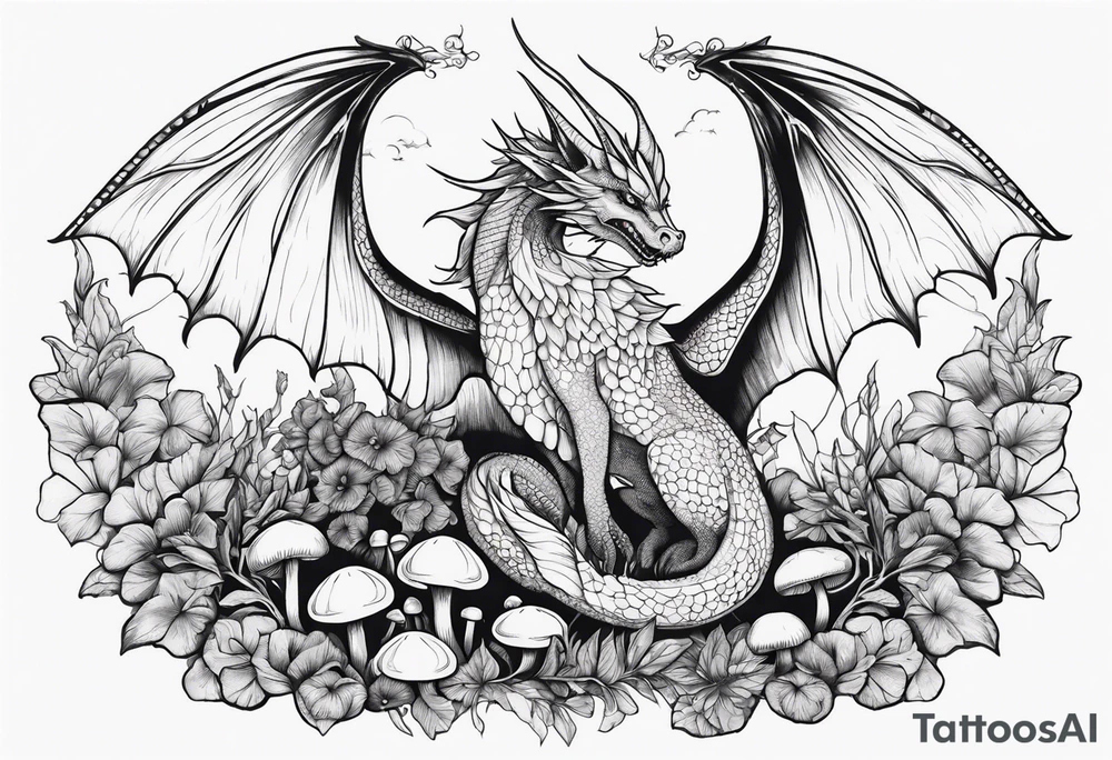 Mother dragon wings spread field of mushrooms tattoo idea