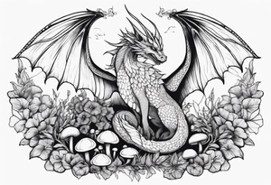 Mother dragon wings spread field of mushrooms tattoo idea