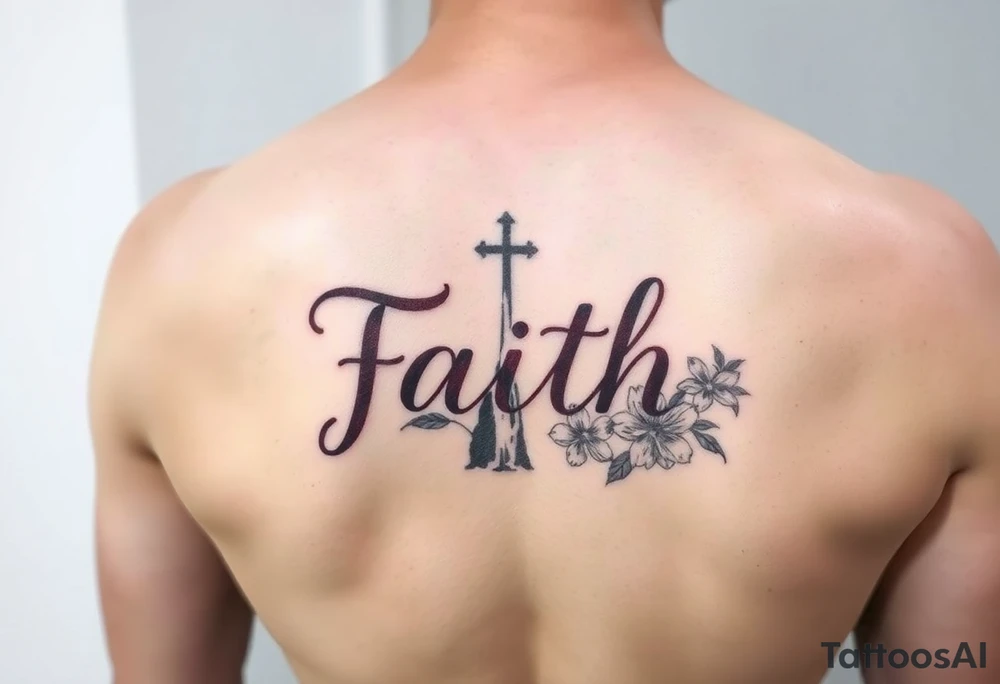 Smaller tattoo with the word faith in brown a cross for the t and waterfall flowers for April twins tattoo idea
