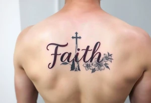 Smaller tattoo with the word faith in brown a cross for the t and waterfall flowers for April twins tattoo idea