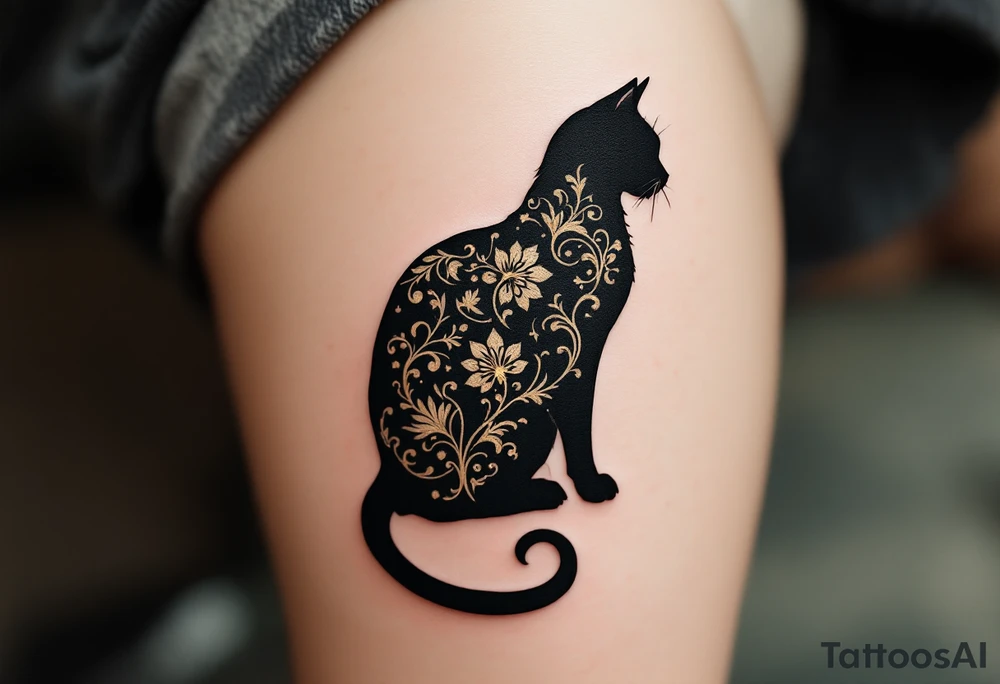 Victorian Cat Silhouette – A black cat with curled tail and ornate, lace-like patterns inside in ivory and faded gold tones. tattoo idea