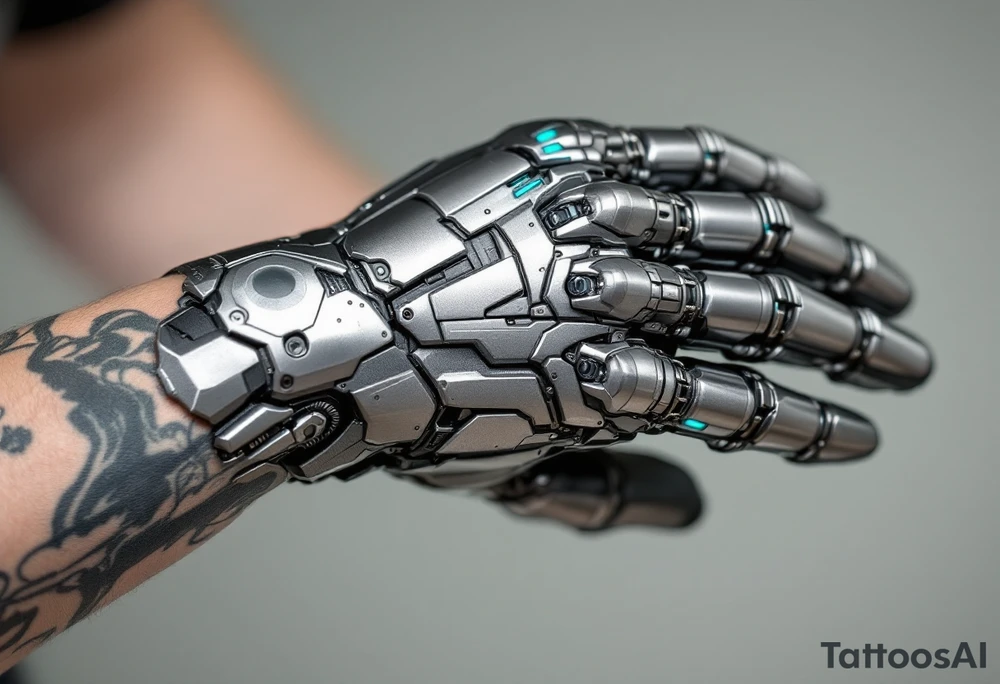 A tattooed mechanical glove with brushed silver plating and soft teal light strips running along the knuckles. tattoo idea