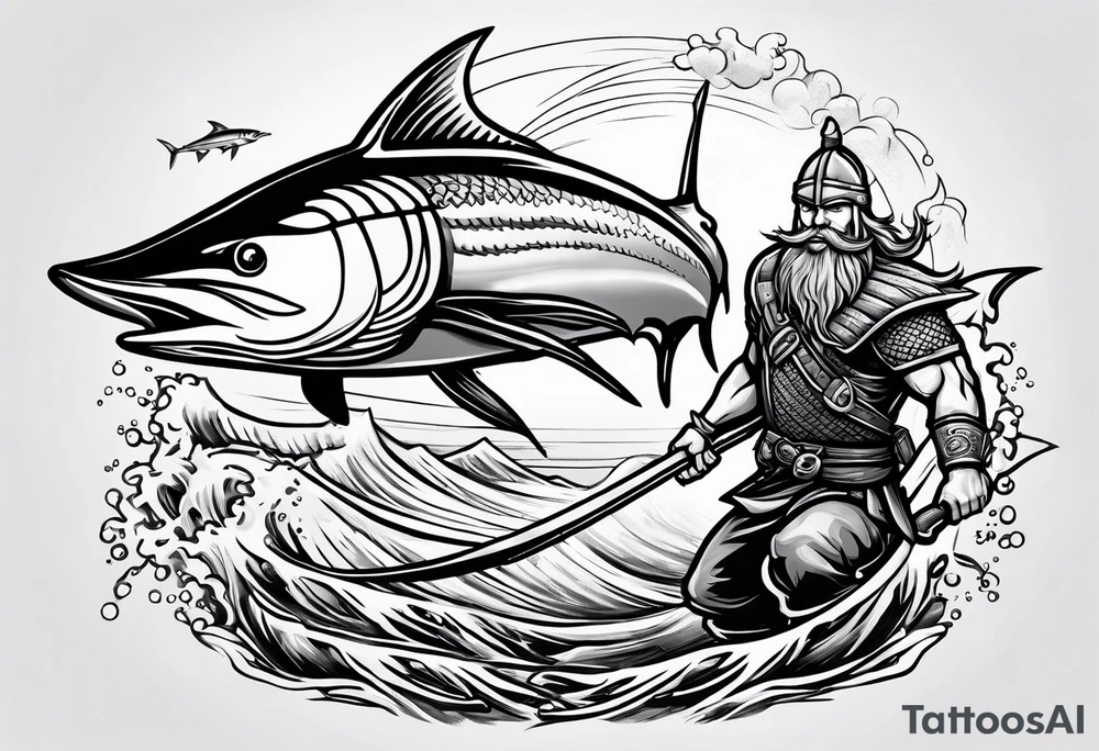 viking superhero catching a blue marlin with tuna jumping tattoo idea