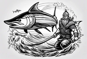 viking superhero catching a blue marlin with tuna jumping tattoo idea