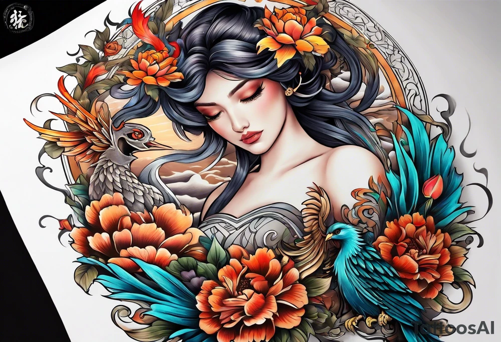 Sleeve with blind Themis and Phoenix with flowers tattoo idea