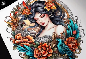 Sleeve with blind Themis and Phoenix with flowers tattoo idea