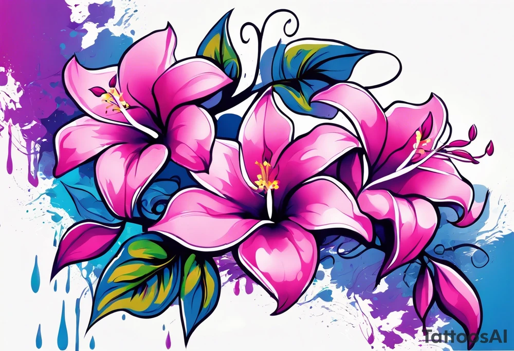brushstroke abstract pink, purple, and blue mandevilla flowers on a vine, with color leaking out into the background. SOme of the flowers should be full color, and some just linework. It should have a handdrawn, sketch feel. tattoo idea