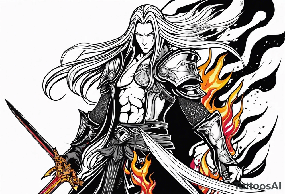 Sephiroth in flames with his sword and armour tattoo idea