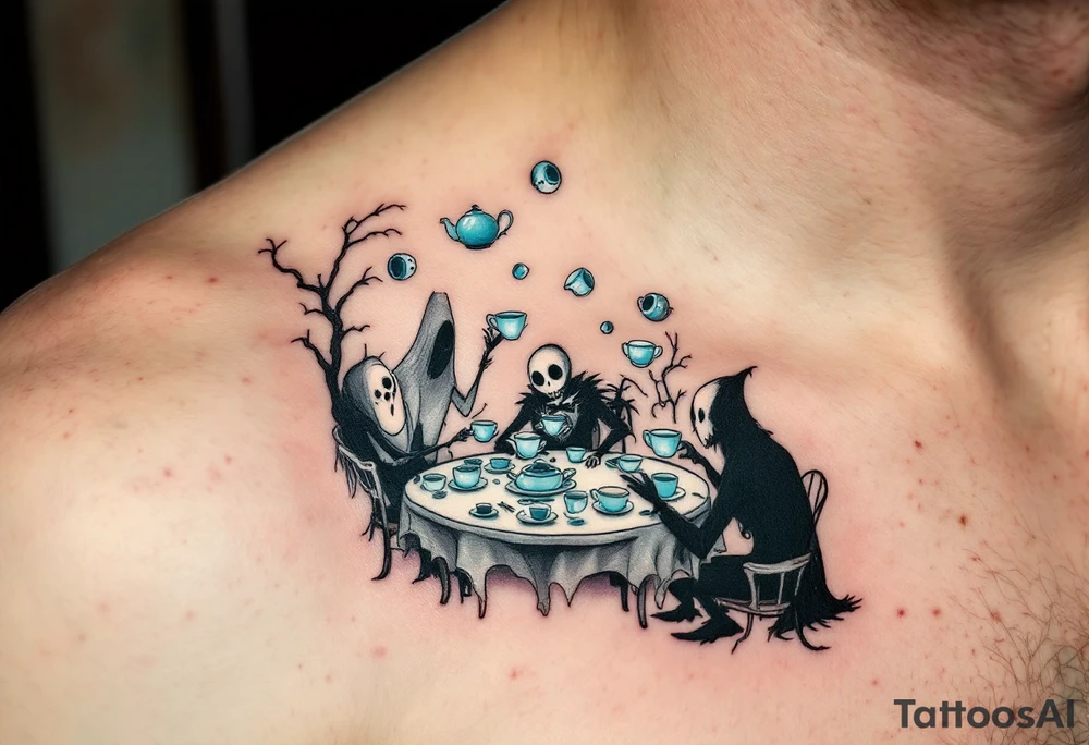 Tim Burton’s haunted tea party features pale blue porcelain cups floating around ghostly characters in foggy grays. tattoo idea