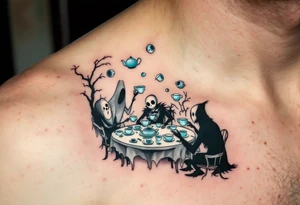 Tim Burton’s haunted tea party features pale blue porcelain cups floating around ghostly characters in foggy grays. tattoo idea