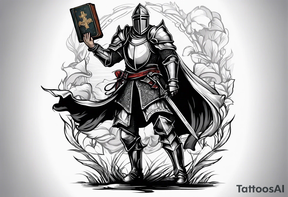knight holding a bible over his head in combat with both hands tattoo idea