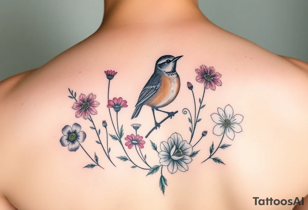 Colorful Irish wildflowers with a wren tattoo idea