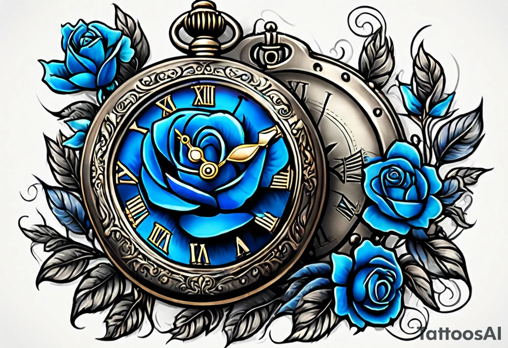 Pocket watch with blue roses tattoo idea