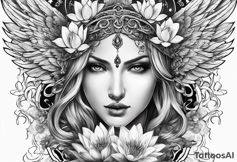 Sword in the middle a goddess face on the left side angel wing on right side and water Lilly’s around tattoo idea