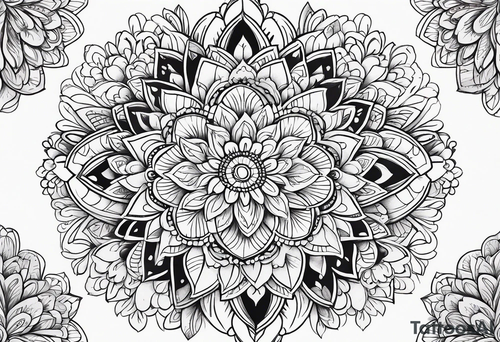 colorful mandala, boho, feminine, for upper back, leaves, flowers tattoo idea