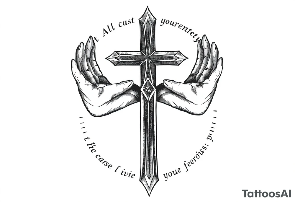 cast all your anxiety on him because he cares for you" with a cross and hands tattoo idea