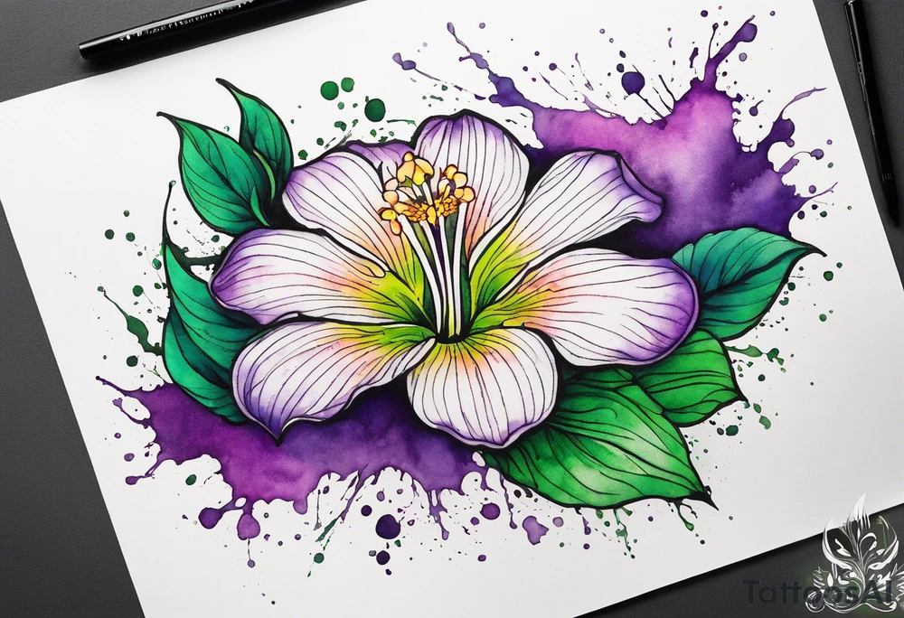 A mystical outline of a rio dipladenia flower and a green and purple watercolor splash in the background tattoo idea