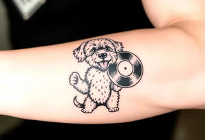 happy doodle dog holding a vinyl record tattoo idea