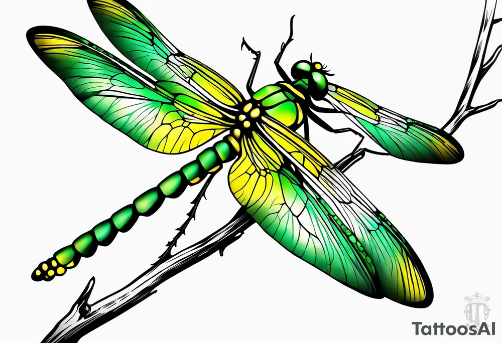 green and yellow dragonfly on a twig tattoo idea