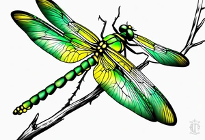green and yellow dragonfly on a twig tattoo idea