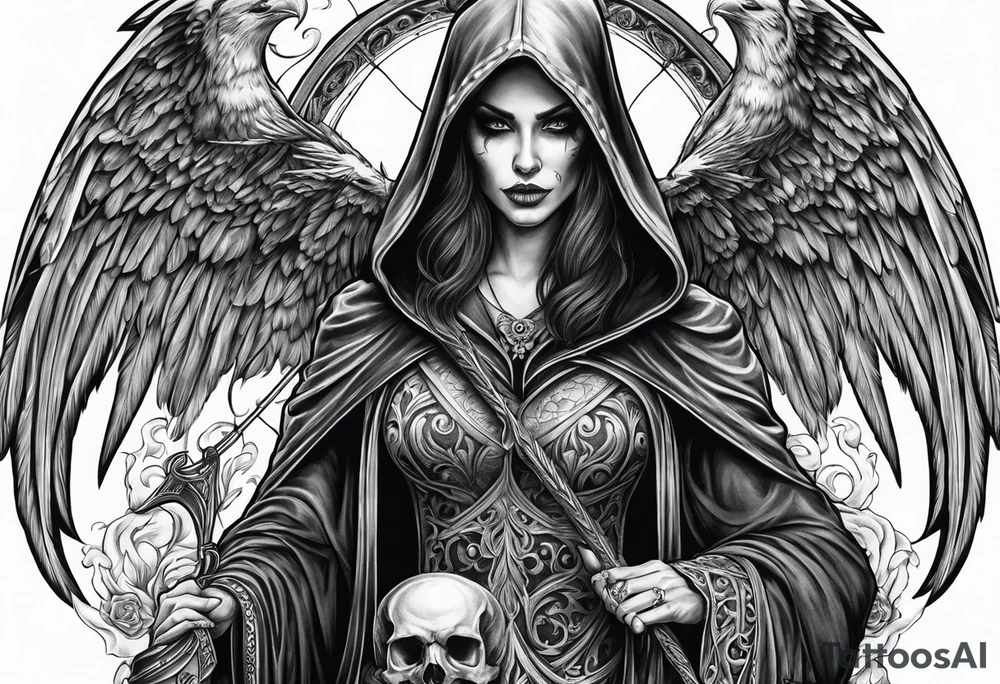 Lady grim reaper with wings, scythe and skulls tattoo idea