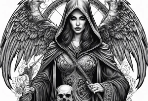 Lady grim reaper with wings, scythe and skulls tattoo idea