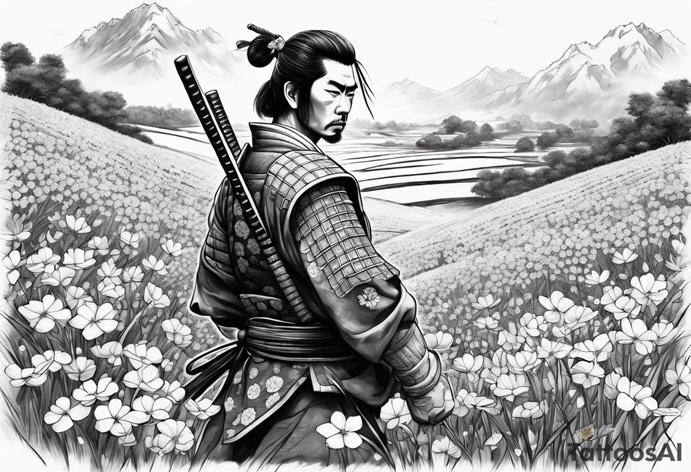 Samurai in flower field tattoo idea